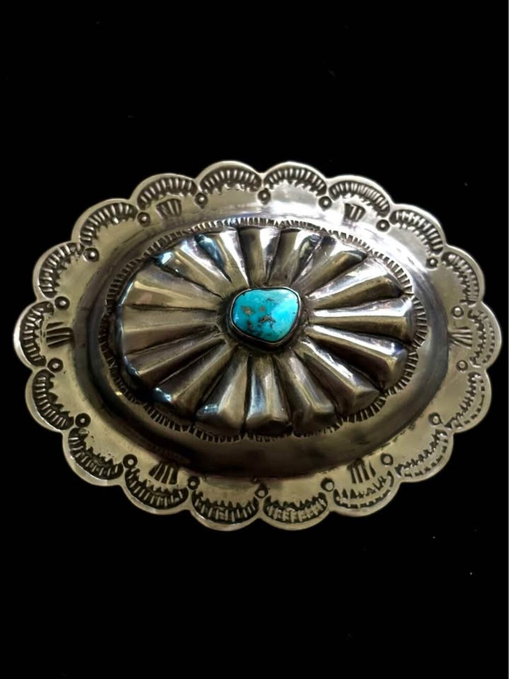 Vintage Navajo Sterling Silver & Turquoise Concho Belt Buckle – 52g